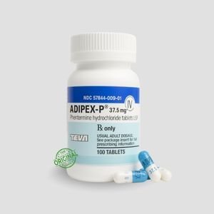 Buy Adipex-P 37.5mg tablets for sale online Australia ensuring effective appetite control with this clear bottle view. Buy Adipex-P 37.5mg phentermine hydrochloride for sale online Australia to support weight management in capsules profile. Buy blue Adipex-P 37.5mg tablets for sale online Australia for reliable hunger suppression shown in macro product shot.