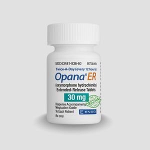 Buy Opana ER 30 mg oxymorphone hydrochloride tablets online in Australia using this clinical front view bottle image. Buy Opana ER 30 mg extended-release tablets in Australia shown in this professional studio bottle product shot. Buy Opana ER 30 mg oxymorphone hydrochloride in Australia using this detailed angle of the medication bottle.