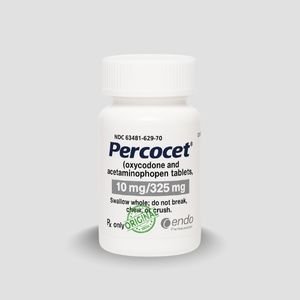 Buy Percocet 10/325mg prescription tablets online in Australia using this white bottle product shot. Buy 10mg 325mg Percocet oxycodone acetaminophen medication Australia in this front-view bottle image. Buy white Percocet 10/325mg tablets bottle online for delivery across Australia.