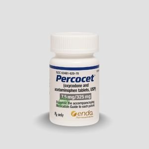 Buy Percocet 7.5 mg 325 mg prescription bottle in white for safe medication storage in Australia. Buy white Percocet 7.5 mg 325 mg prescription bottle bottles online in AU for clear tablet labelling. Buy Percocet 7.5 mg 325 mg prescription tablet containers in white against a grey background for AU patients.