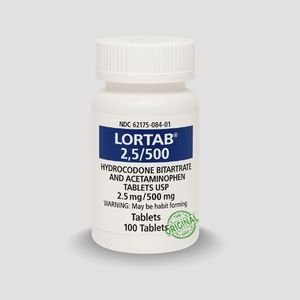 Buy Lortab 2.5 500mg tablets in a white plastic prescription bottle from our online store in Australia. Buy Lortab 2.5 500mg hydrocodone bitartrate and acetaminophen pills shown in a bottle on a light gray background. Buy Lortab 2.5 500mg prescription medication in a studio style side profile view for delivery across Australia.