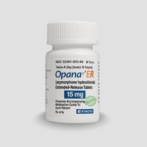 Buy Opana ER 15mg oxymorphone tablets online in Australia using this product bottle view. Buy genuine Opana ER 15mg extended-release tablets in Australia shown in this close-up bottle image. Buy prescription Opana ER 15mg oxymorphone hydrochloride units in Australia featuring this clear bottle shot.