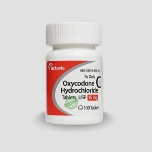 Buy Actavis Oxycodone Hydrochloride 15mg tablets in a white plastic bottle shown from a front-facing studio angle in Australia. Buy online Actavis Oxycodone 15mg tablets featuring white round pills in a branded bottle for delivery across Australia. Buy bottle of Actavis Oxycodone Hydrochloride 15mg tablets from a professional close-up shot for customers in Australia.